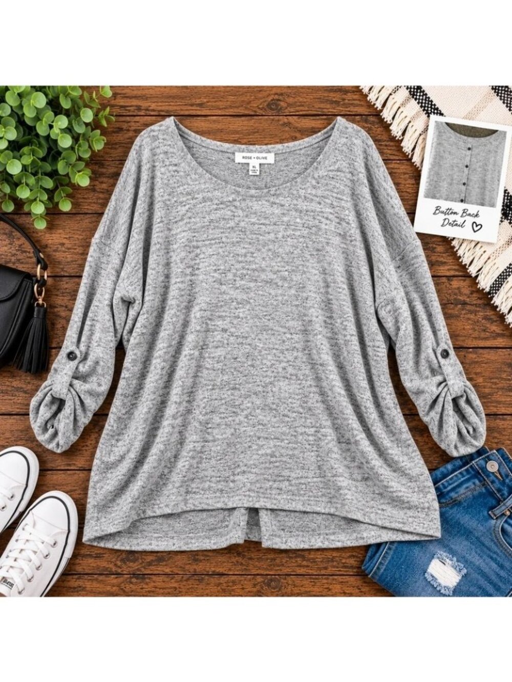 Rose + Olive Women’s XL Gray Oversized Tunic Top Button Back Roll Tab Sleeves